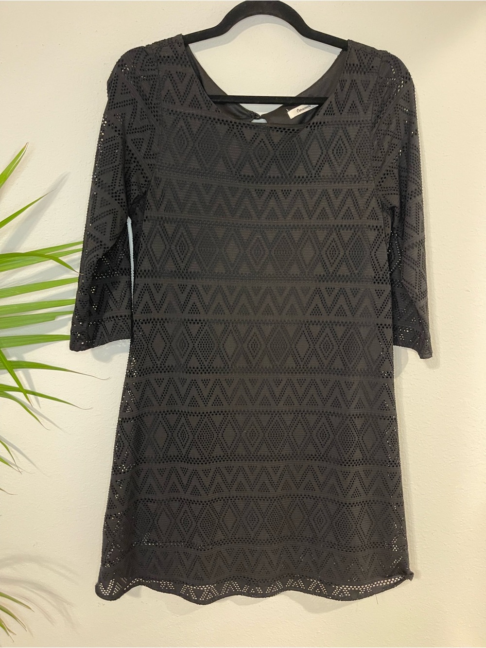 Black Crochet Long Sleeve Shift Dress by